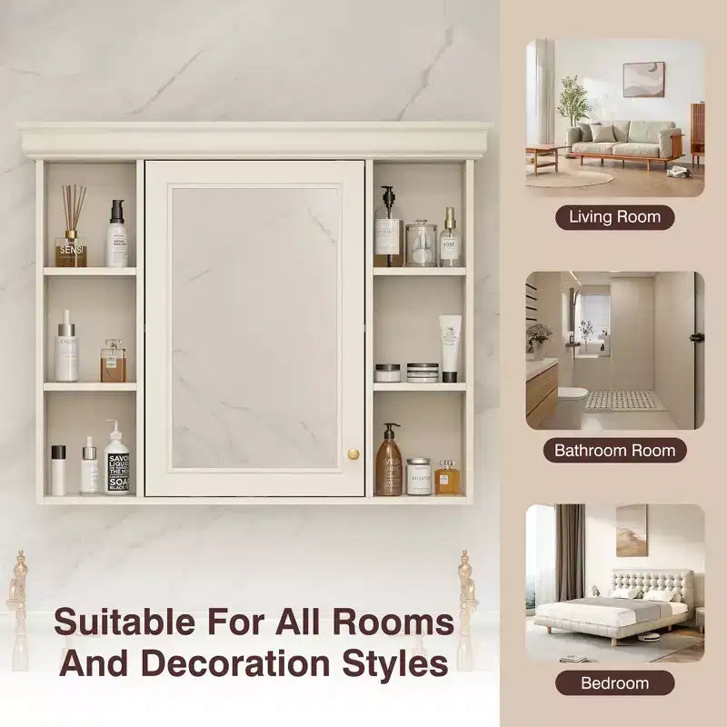 MAYEERTY 28.74 Mobiletto bagno a parete con anta a specchio e 6 ripiani aperti, mobiletto bagno moderno beige