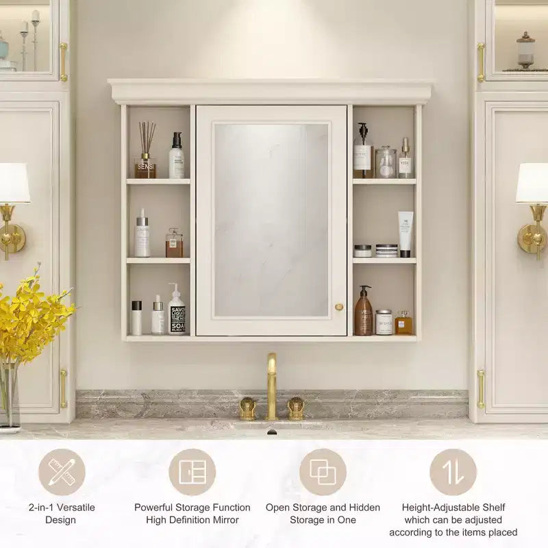 MAYEERTY 28.74 Mobiletto bagno a parete con anta a specchio e 6 ripiani aperti, mobiletto bagno moderno beige