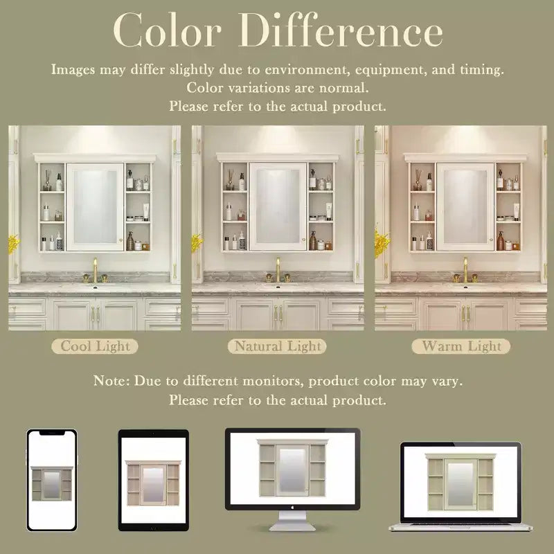 MAYEERTY 28.74 Mobiletto bagno a parete con anta a specchio e 6 ripiani aperti, mobiletto bagno moderno beige