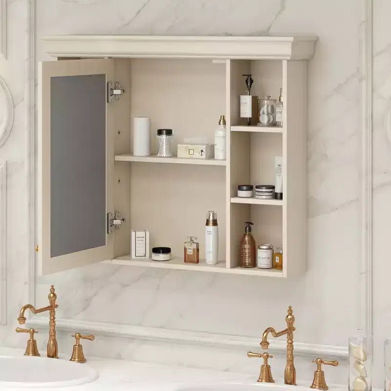 MAYEERTY 28.74 Mobiletto bagno a parete con anta a specchio e 6 ripiani aperti, mobiletto bagno moderno beige