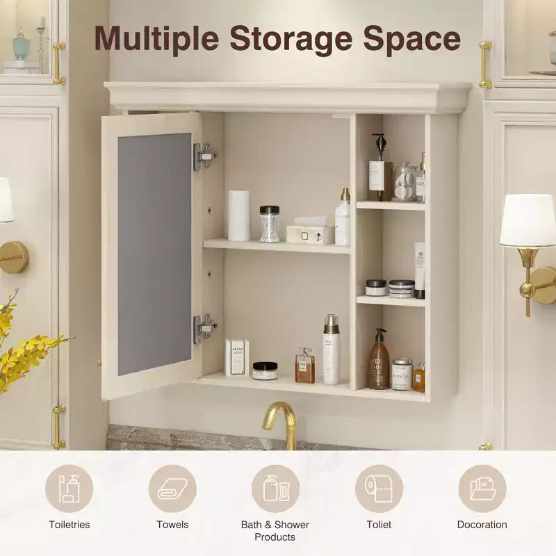 MAYEERTY 28.74 Mobiletto bagno a parete con anta a specchio e 6 ripiani aperti, mobiletto bagno moderno beige