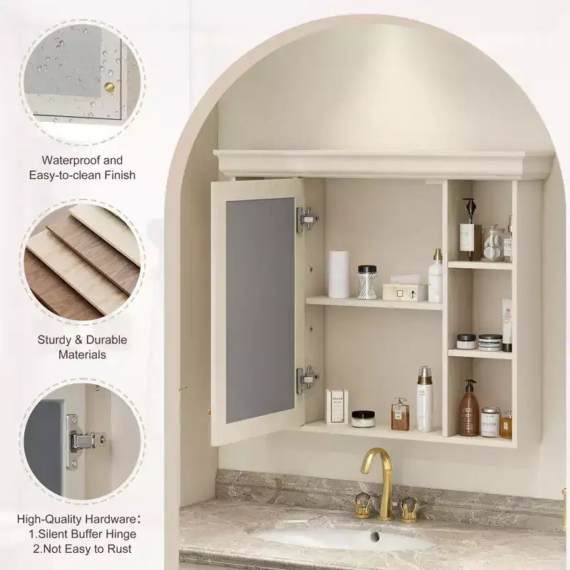 MAYEERTY 28.74 Mobiletto bagno a parete con anta a specchio e 6 ripiani aperti, mobiletto bagno moderno beige