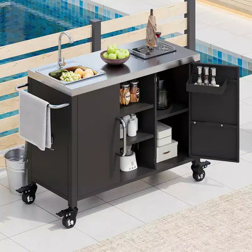 55.5 inch Outdoor Kitchen Island with 304 Stainless Steel Sink, Metal Grill Cart Table with 4 Lockable Wheels