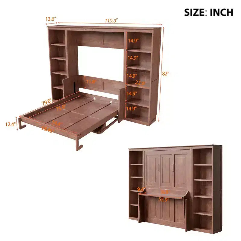 Letto a scomparsa Whisen Full Size e struttura letto con scrivania e libreria, design salvaspazio