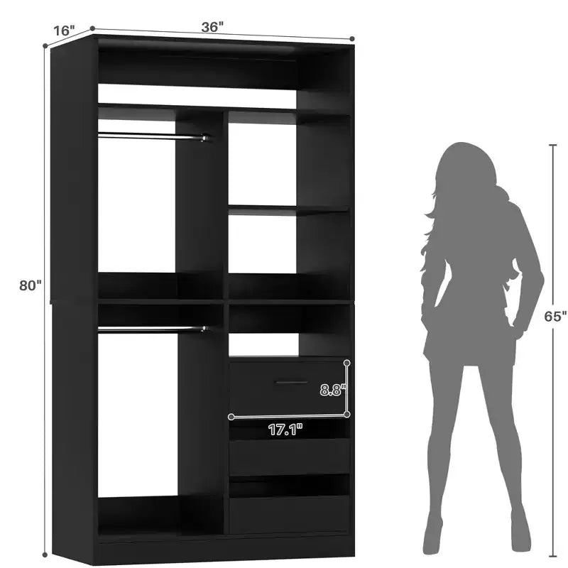Besiost Organizzatore Armadio 36 pollici con Cassetti in Legno, Sistema Armadio Autoportante con Aste Appendiabiti