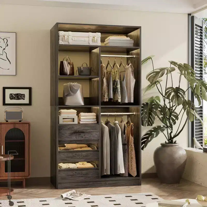 Besiost Organizzatore Armadio 36 pollici con Cassetti in Legno, Sistema Armadio Autoportante con Aste Appendiabiti