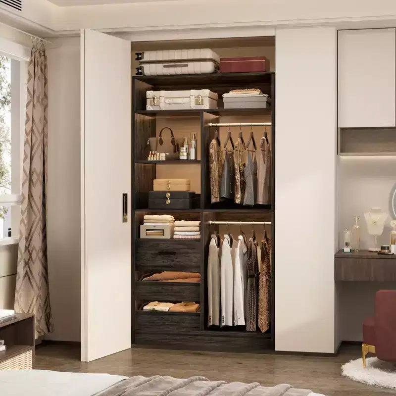 Besiost Organizzatore Armadio 36 pollici con Cassetti in Legno, Sistema Armadio Autoportante con Aste Appendiabiti