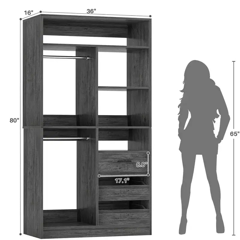 Besiost Organizzatore Armadio 36 pollici con Cassetti in Legno, Sistema Armadio Autoportante con Aste Appendiabiti