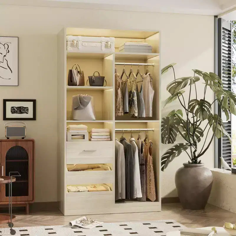 Besiost Organizzatore Armadio 36 pollici con Cassetti in Legno, Sistema Armadio Autoportante con Aste Appendiabiti