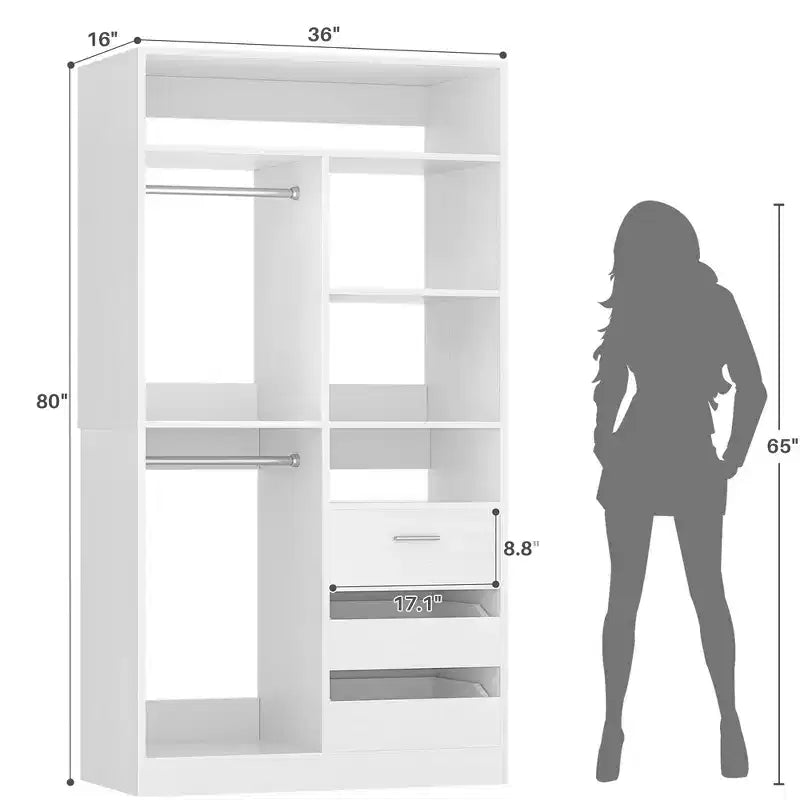 Besiost Organizzatore Armadio 36 pollici con Cassetti in Legno, Sistema Armadio Autoportante con Aste Appendiabiti