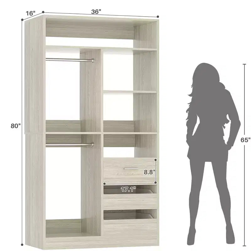 Besiost Organizzatore Armadio 36 pollici con Cassetti in Legno, Sistema Armadio Autoportante con Aste Appendiabiti