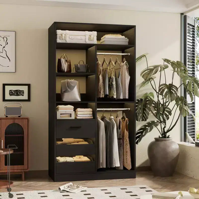 Besiost Organizzatore Armadio 36 pollici con Cassetti in Legno, Sistema Armadio Autoportante con Aste Appendiabiti