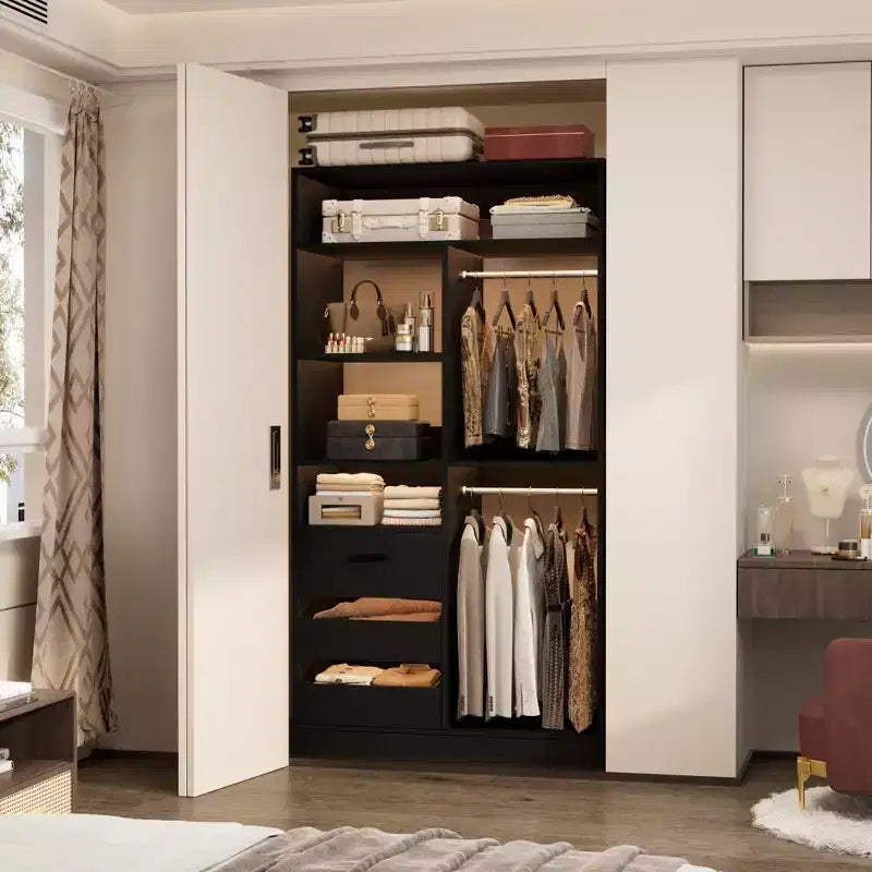 Besiost Organizzatore Armadio 36 pollici con Cassetti in Legno, Sistema Armadio Autoportante con Aste Appendiabiti