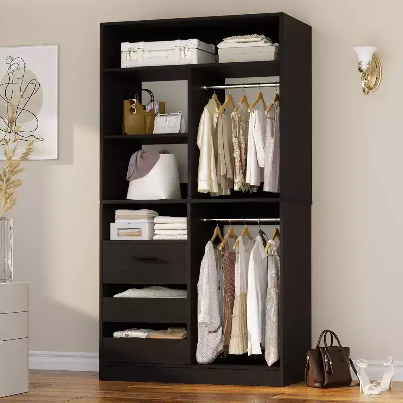 Besiost Organizzatore Armadio 36 pollici con Cassetti in Legno, Sistema Armadio Autoportante con Aste Appendiabiti