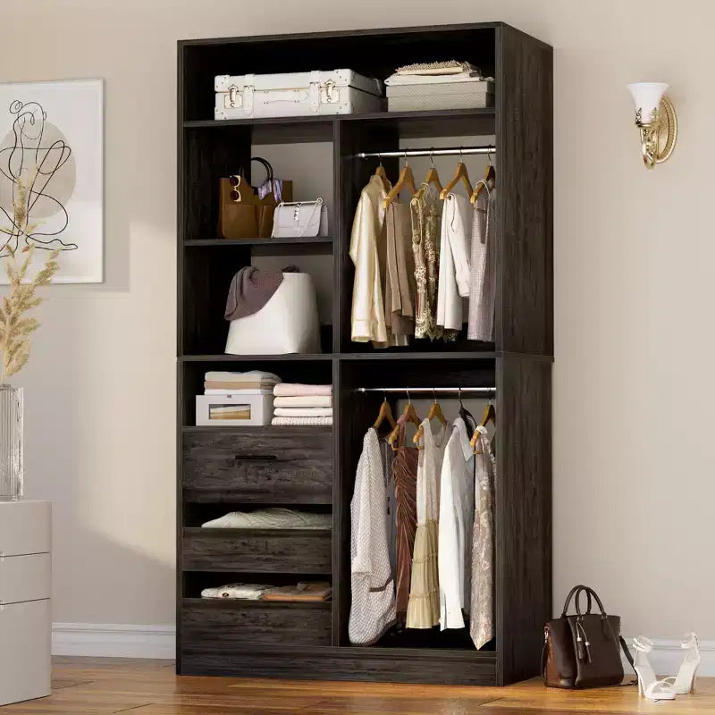 Besiost Organizzatore Armadio 36 pollici con Cassetti in Legno, Sistema Armadio Autoportante con Aste Appendiabiti