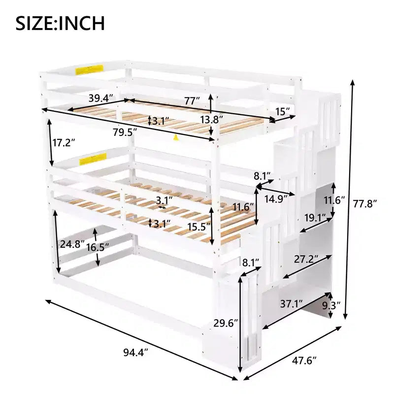 Whisen Letto a castello triplo con scala contenitore, design separabile