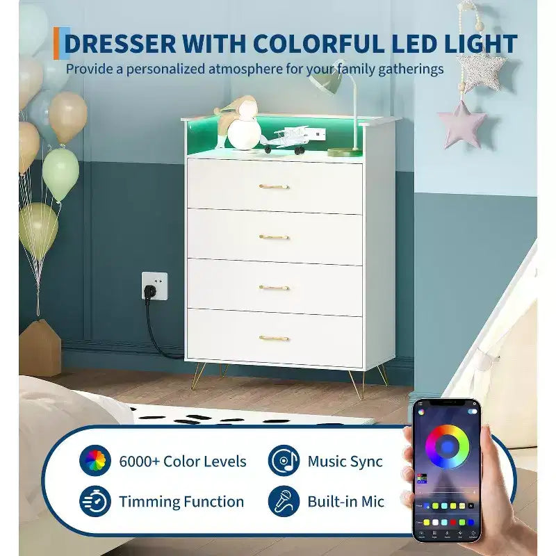 Comò a 4 cassetti con luci RGB e stazione di ricarica, comò a LED controllato da app con sincronizzazione musicale, cassettiera in legno per camera da letto, armadio, soggiorno