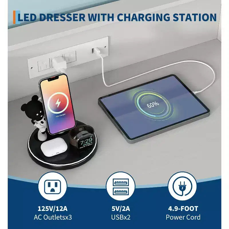 Comò a 4 cassetti con luci RGB e stazione di ricarica, comò a LED controllato da app con sincronizzazione musicale, cassettiera in legno per camera da letto, armadio, soggiorno