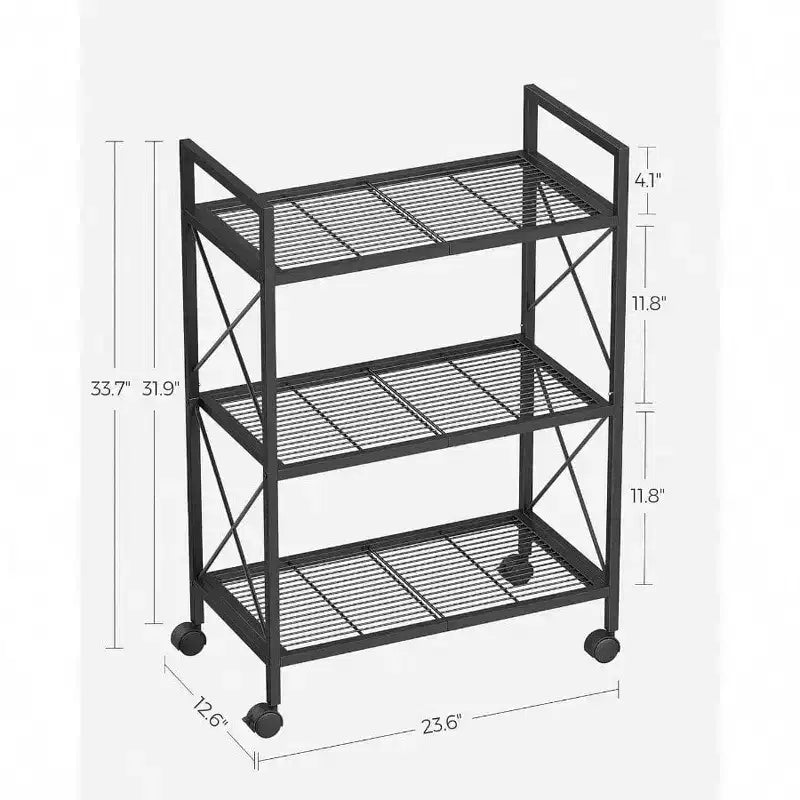Scaffale portaoggetti in metallo a 3 ripiani con ruote, unità di scaffalatura a rete, telaio laterale a X, larghezza 23,6 pollici, nero, per ingresso e cucina