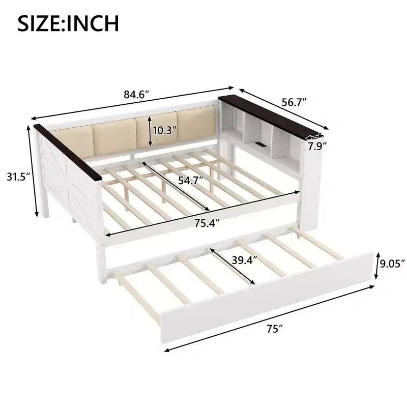 Divano letto singolo in legno Whisen con struttura e ripiani portaoggetti, schienale imbottito e letto estraibile