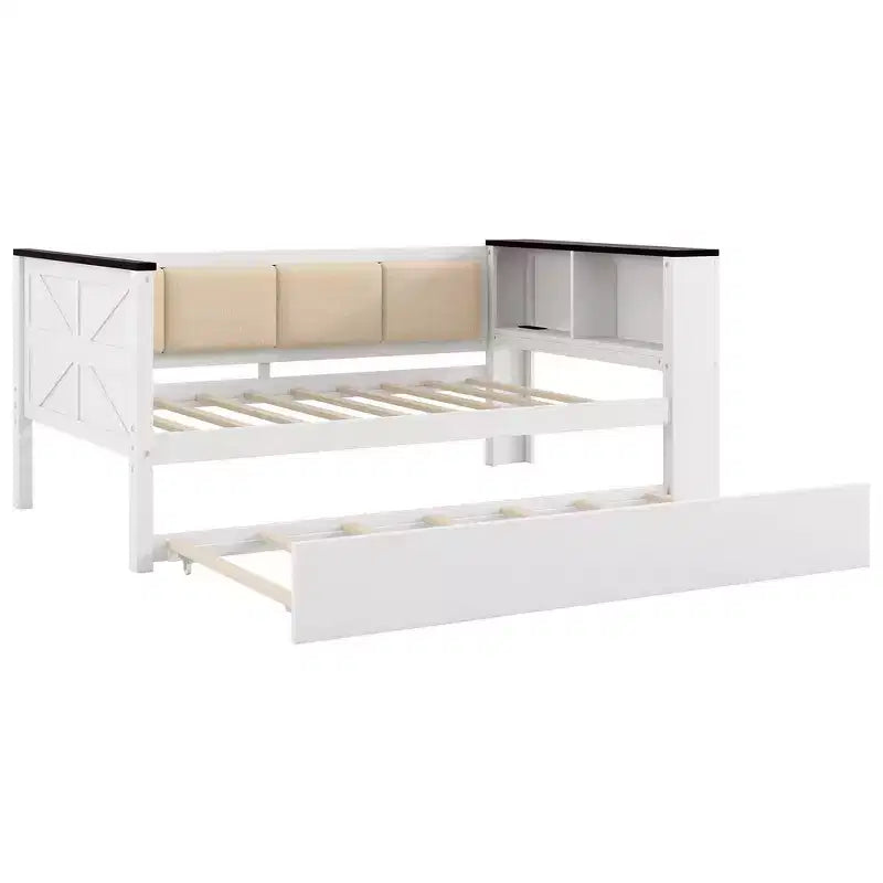 Divano letto singolo in legno Whisen con struttura e ripiani portaoggetti, schienale imbottito e letto estraibile