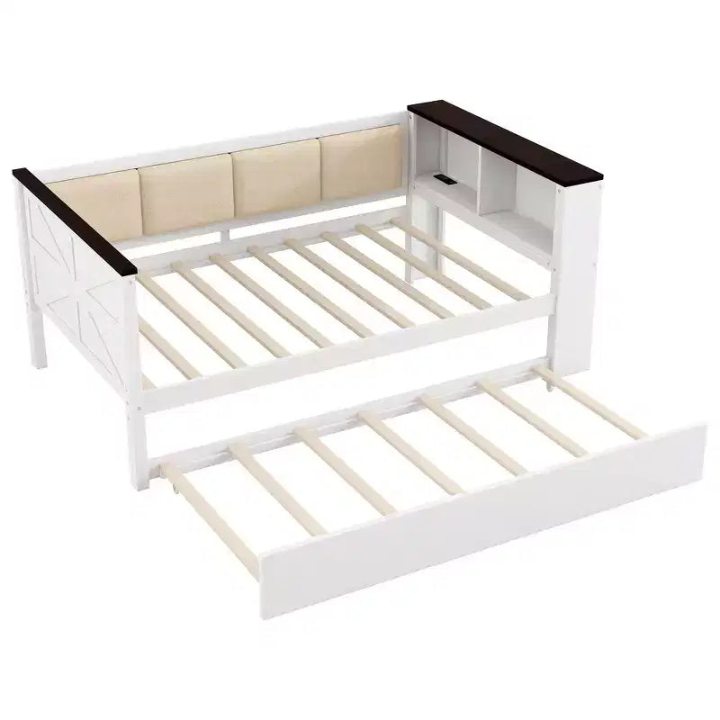 Divano letto singolo in legno Whisen con struttura e ripiani portaoggetti, schienale imbottito e letto estraibile