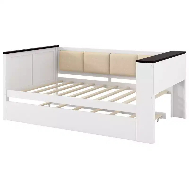 Divano letto singolo in legno Whisen con struttura e ripiani portaoggetti, schienale imbottito e letto estraibile