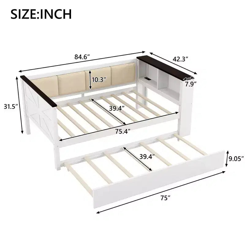 Divano letto singolo in legno Whisen con struttura e ripiani portaoggetti, schienale imbottito e letto estraibile