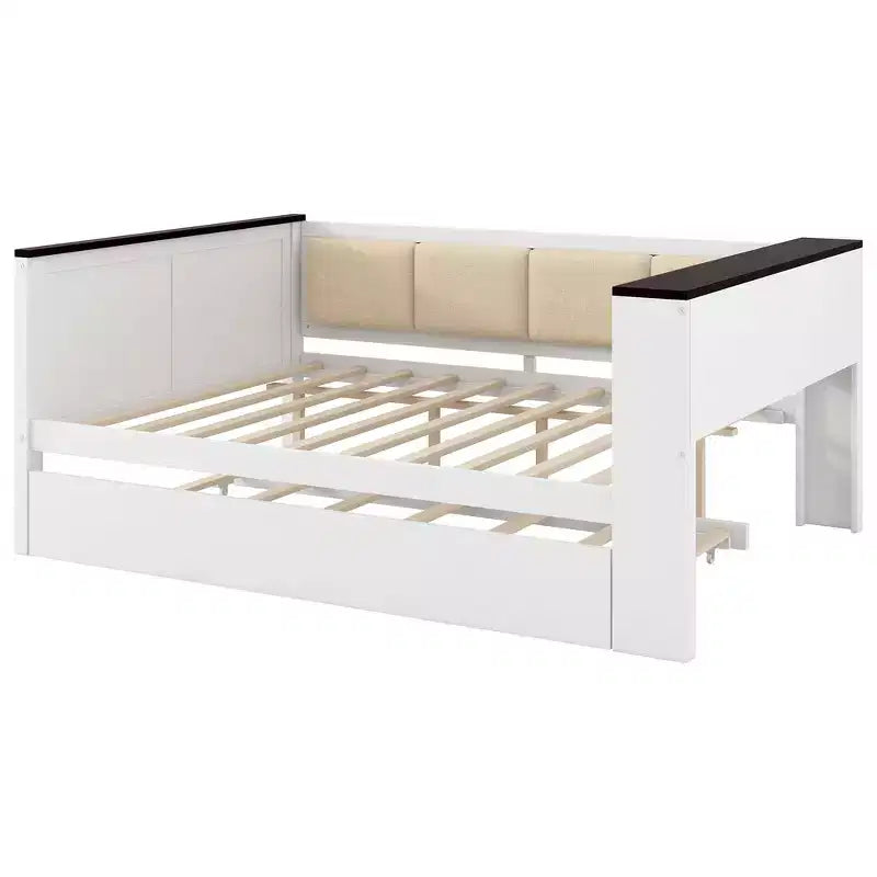 Divano letto singolo in legno Whisen con struttura e ripiani portaoggetti, schienale imbottito e letto estraibile