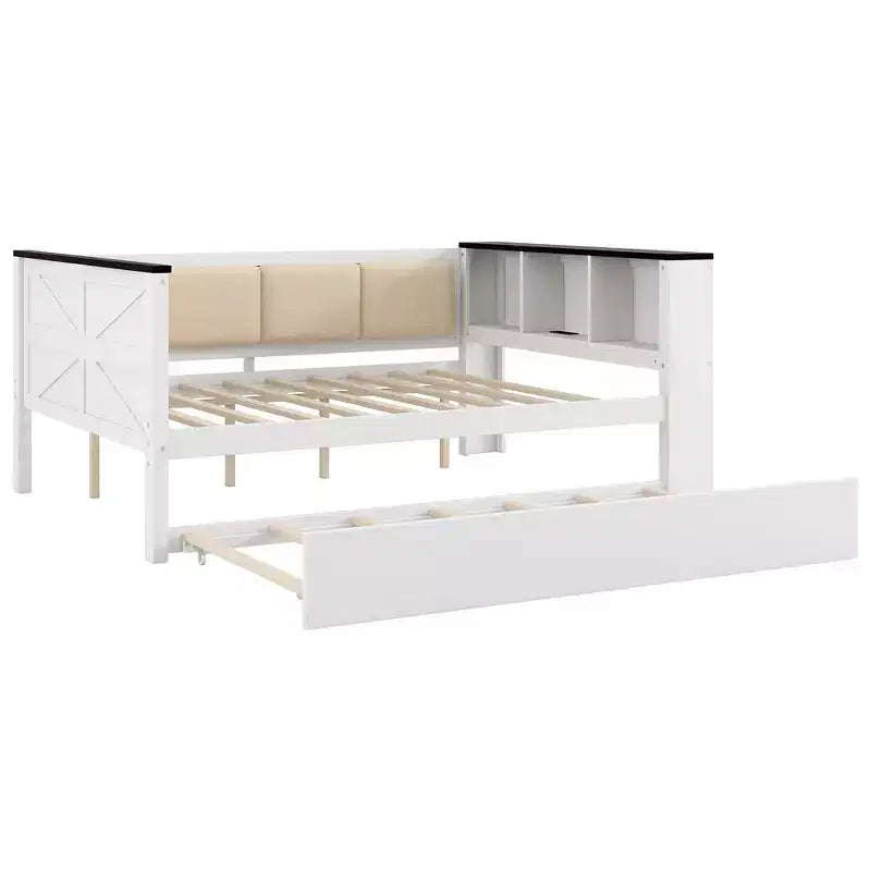 Divano letto singolo in legno Whisen con struttura e ripiani portaoggetti, schienale imbottito e letto estraibile