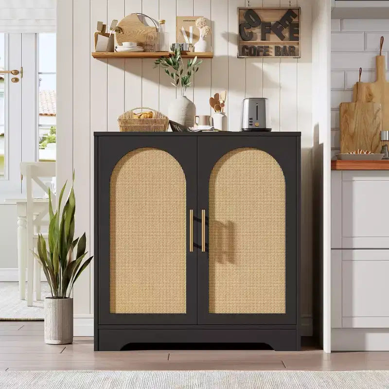 Madia moderna con 2 ante in rattan - Mobile contenitore credenza per soggiorno, sala da pranzo e ingresso