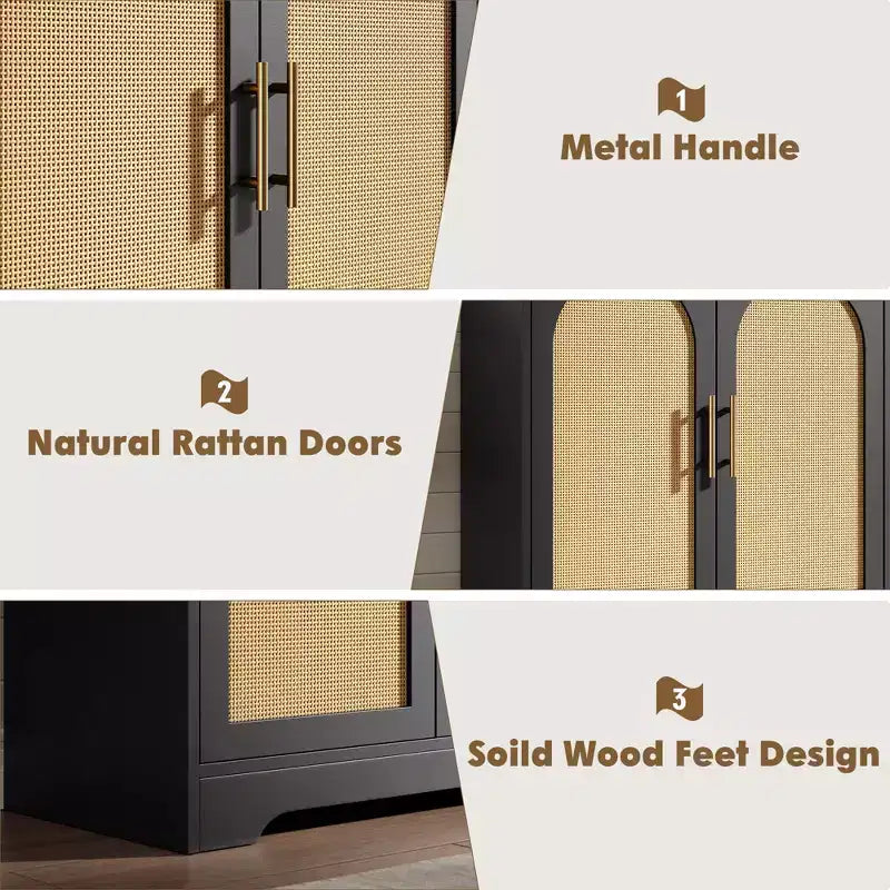 Madia moderna con 2 ante in rattan - Mobile contenitore credenza per soggiorno, sala da pranzo e ingresso
