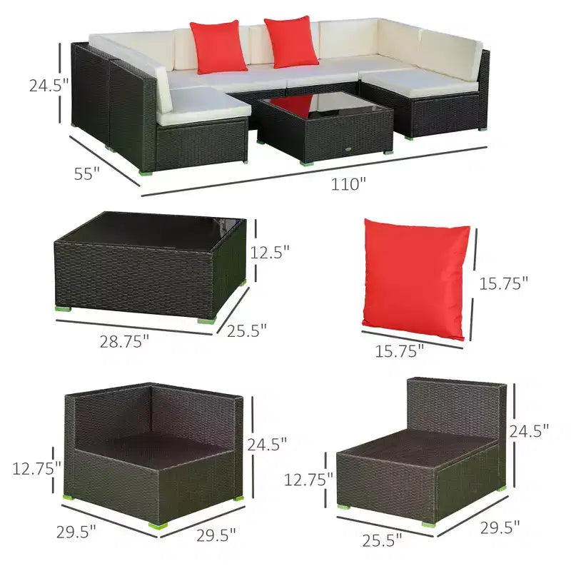 7 Piece Outdoor Patio Furniture Set, PE Rattan Wicker Sectional Sofa Set with Couch Cushions, Throw Pillows and Coffee Table
