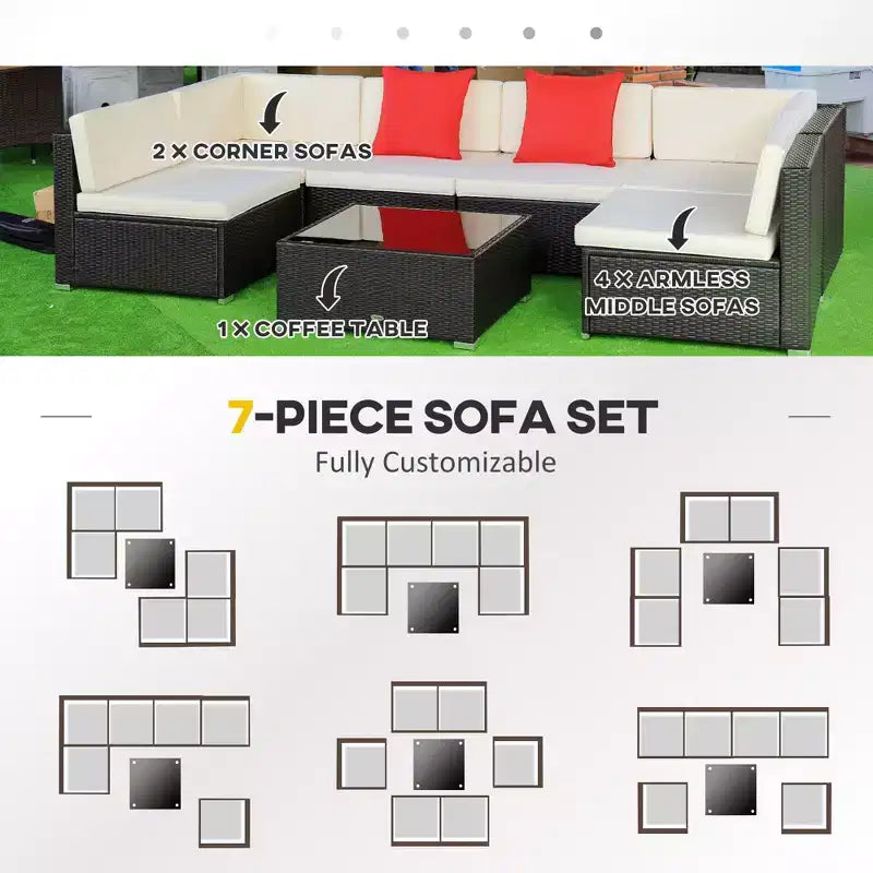 7 Piece Outdoor Patio Furniture Set, PE Rattan Wicker Sectional Sofa Set with Couch Cushions, Throw Pillows and Coffee Table
