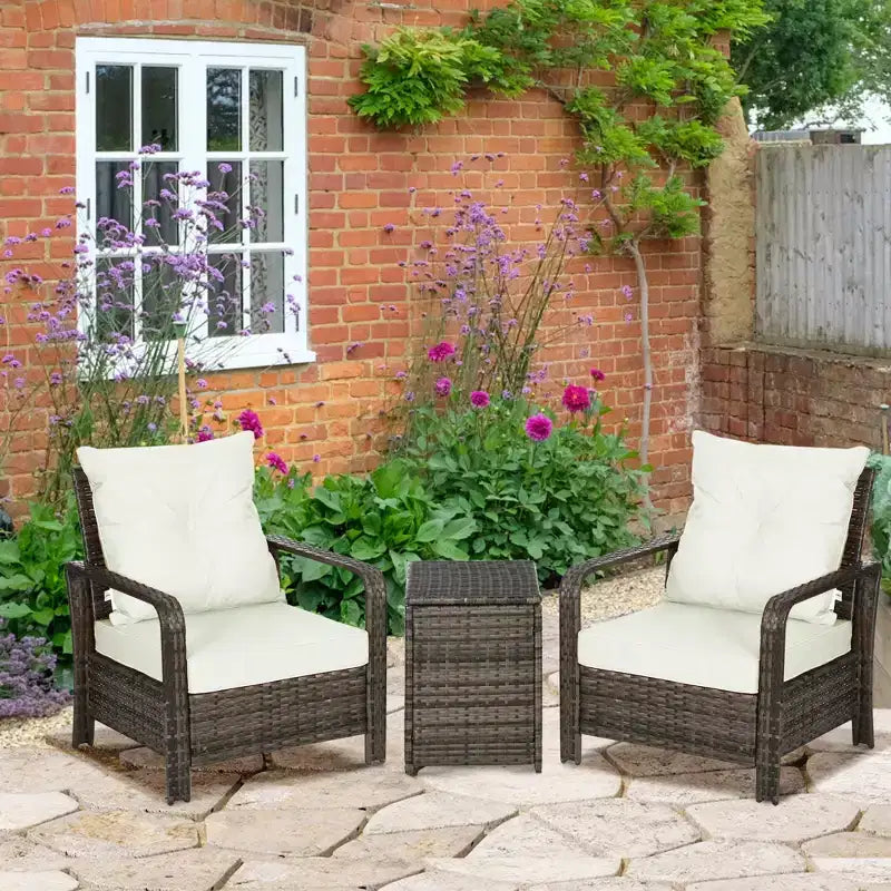 Set Mobili da Giardino 3 Pezzi, Tavolo e Sedie in Rattan PE con Contenitore