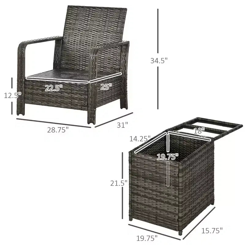 Set Mobili da Giardino 3 Pezzi, Tavolo e Sedie in Rattan PE con Contenitore
