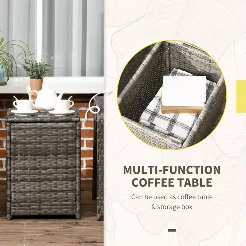Set Mobili da Giardino 3 Pezzi, Tavolo e Sedie in Rattan PE con Contenitore