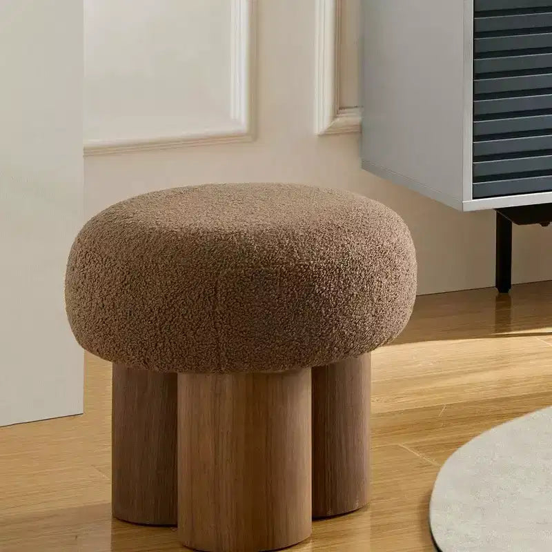 TUYOHW Mushroom Stool,Plush Ottoman with Wooden Look Legs,17 Inch Barrel Shaped Accent Stool for Living Room Entryway