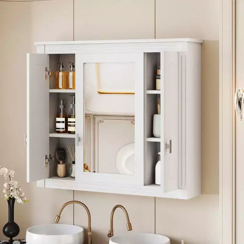 MAYEERTY 35 Mobiletto da Bagno con 5 Ripiani Chiusi e Regolabili, Armadietto a Muro per Bagno con Ante in Vetro, Bianco