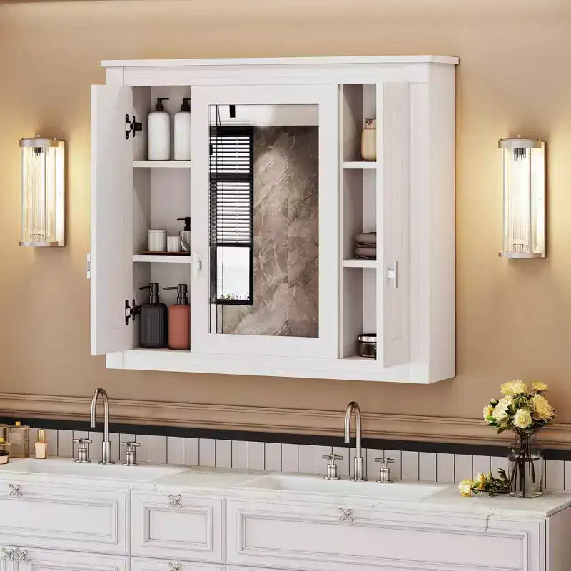 MAYEERTY 35 Mobiletto da Bagno con 5 Ripiani Chiusi e Regolabili, Armadietto a Muro per Bagno con Ante in Vetro, Bianco