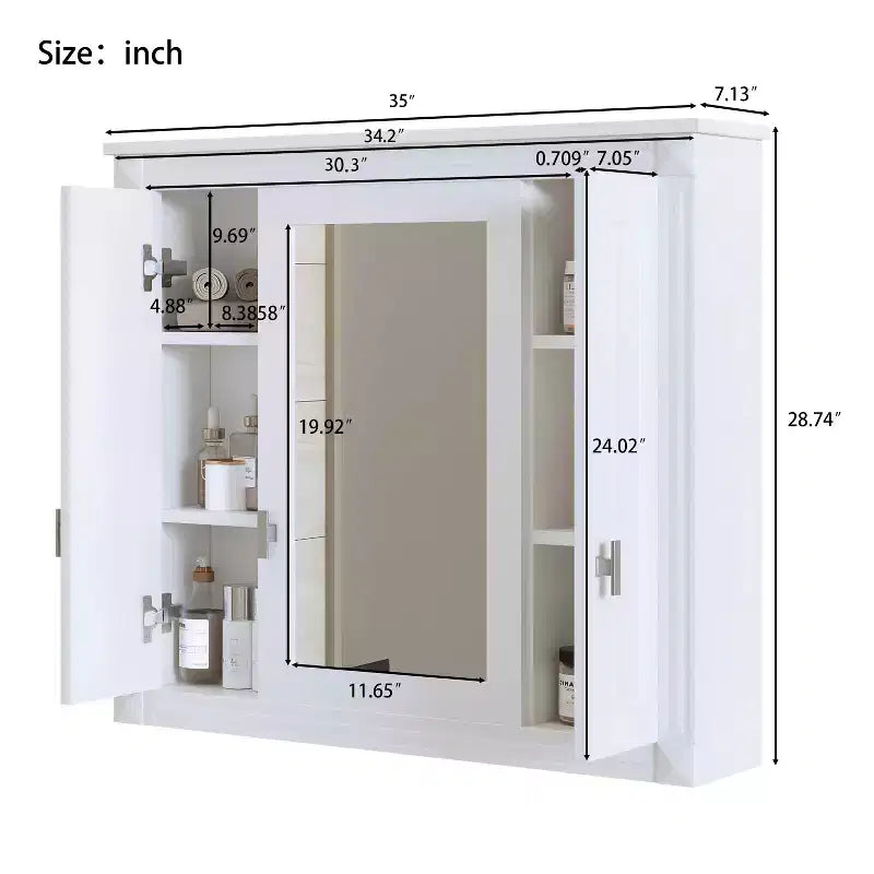 MAYEERTY 35 Mobiletto da Bagno con 5 Ripiani Chiusi e Regolabili, Armadietto a Muro per Bagno con Ante in Vetro, Bianco