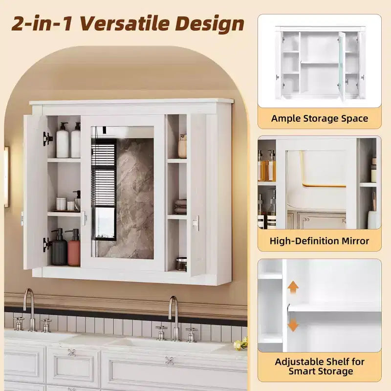 MAYEERTY 35 Mobiletto da Bagno con 5 Ripiani Chiusi e Regolabili, Armadietto a Muro per Bagno con Ante in Vetro, Bianco