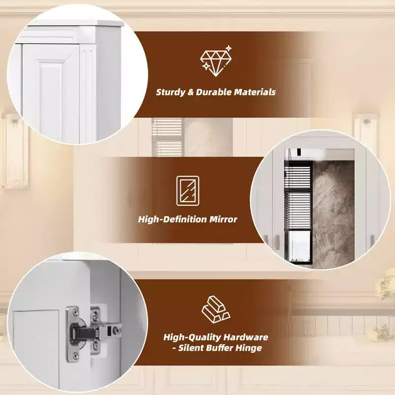 MAYEERTY 35 Mobiletto da Bagno con 5 Ripiani Chiusi e Regolabili, Armadietto a Muro per Bagno con Ante in Vetro, Bianco