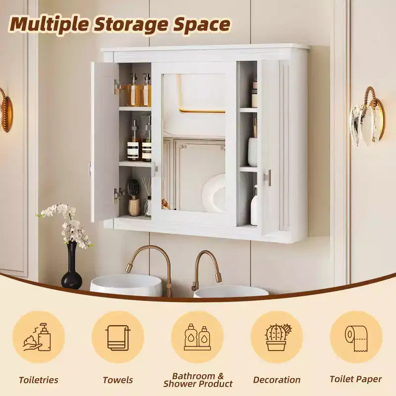 MAYEERTY 35 Mobiletto da Bagno con 5 Ripiani Chiusi e Regolabili, Armadietto a Muro per Bagno con Ante in Vetro, Bianco