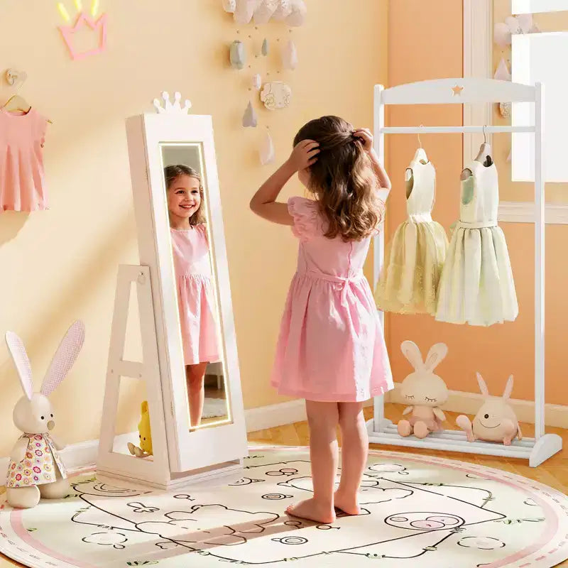 Costway Armadietto Portagioie Girevole per Bambini con Luci, Specchio a Figura Intera e Specchio Integrato