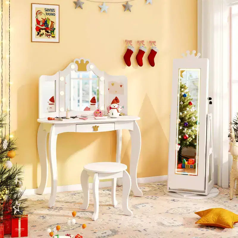 Costway Armadietto Portagioie Girevole per Bambini con Luci, Specchio a Figura Intera e Specchio Integrato