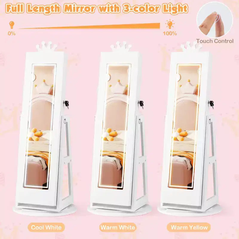 Costway Armadietto Portagioie Girevole per Bambini con Luci, Specchio a Figura Intera e Specchio Integrato