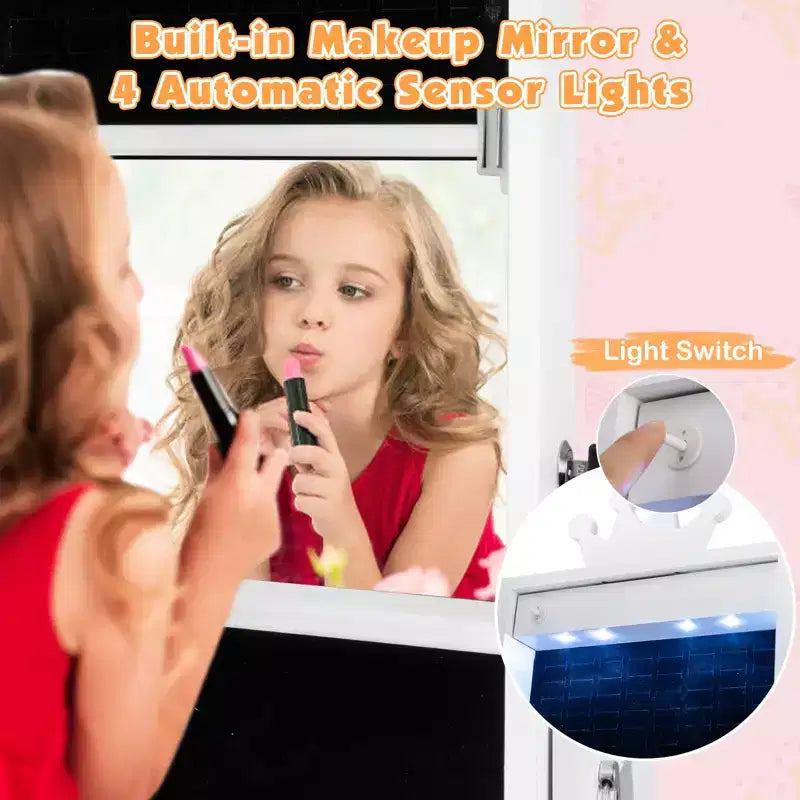 Costway Armadietto Portagioie Girevole per Bambini con Luci, Specchio a Figura Intera e Specchio Integrato