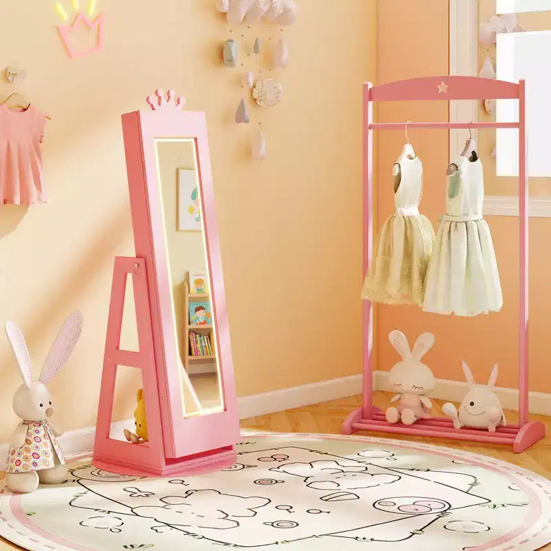 Costway Armadietto Portagioie Girevole per Bambini con Luci, Specchio a Figura Intera e Specchio Integrato