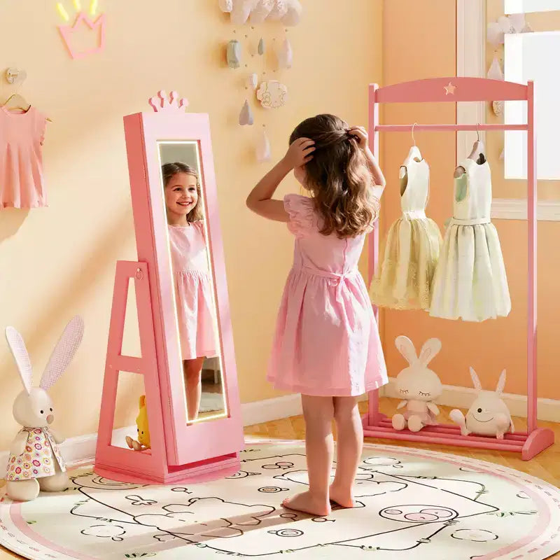 Costway Armadietto Portagioie Girevole per Bambini con Luci, Specchio a Figura Intera e Specchio Integrato